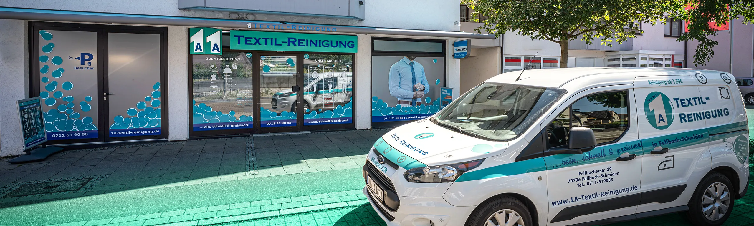 Filiale der 1A Textilreinigung in Fellbach mit Servicefahrzeug