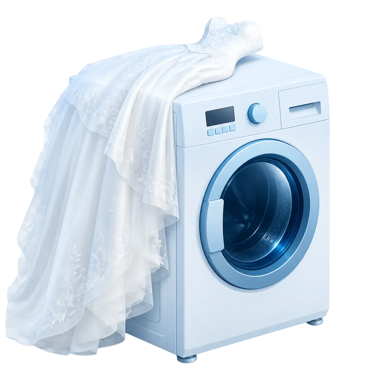 Brautkleid auf der Waschmaschine als Symbol für Brautkleidreinigung